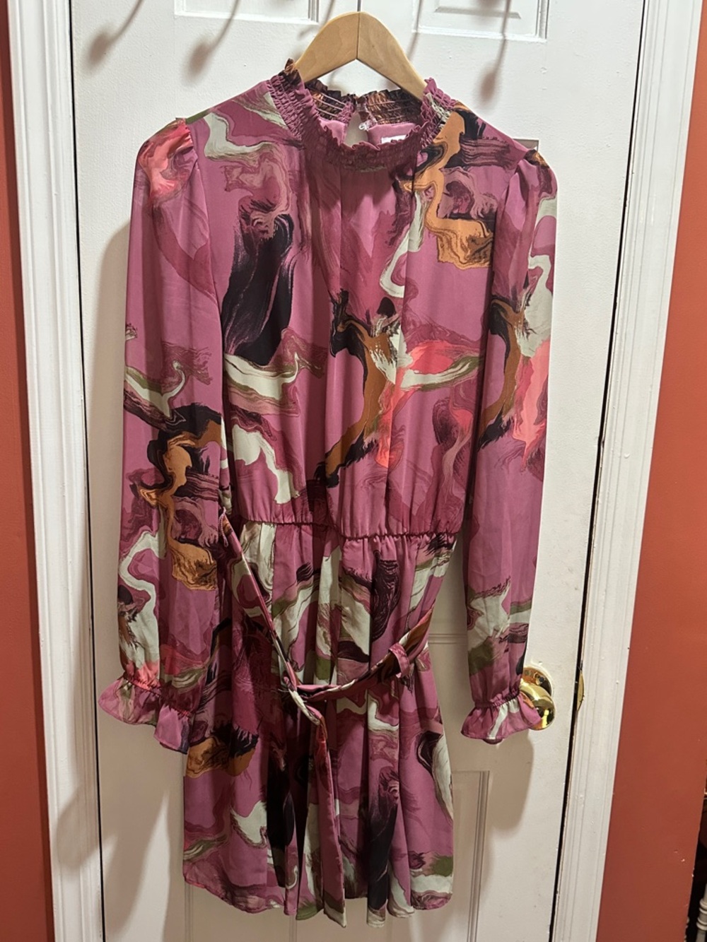 Nine West Rose-Mauve Long Sleeve Patterned Mini Dress
